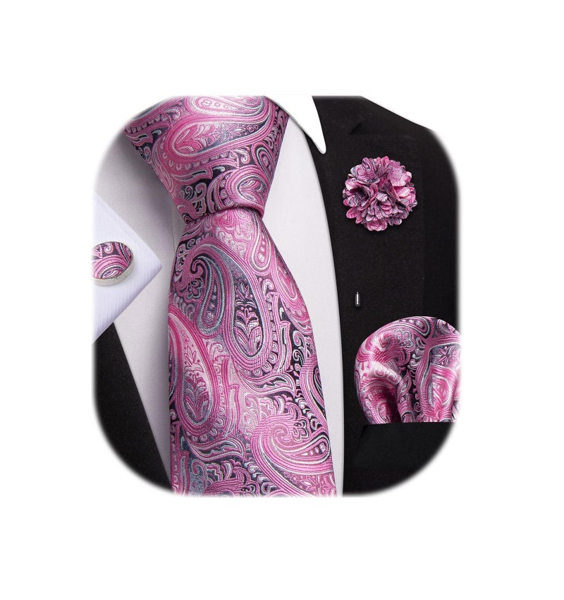 Dubulle Mens Tie and Lapel Pin Pink Grey Paisley Striped Floral Necktie for Men Pocket Square Cufflinks Wedding Party - Image 1